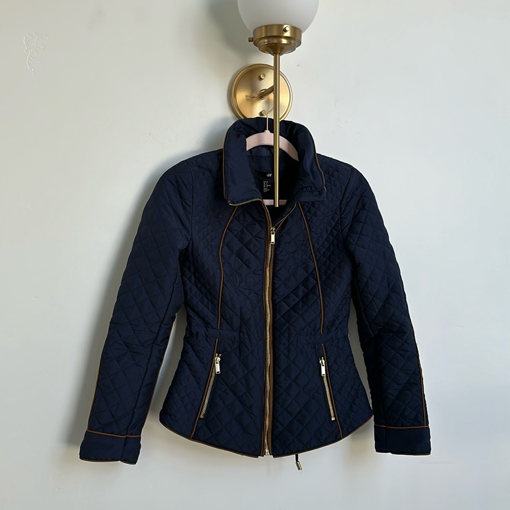 New England Prep Navy Blue + Camel Piped Quilted Raincoat